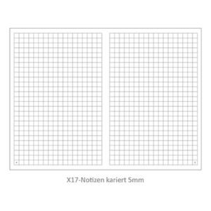 Die Notizbücher von X17 können mit vielen unterschiedlichen Einlagen bestückt werden, hier als Beispiel die karierte Notizen