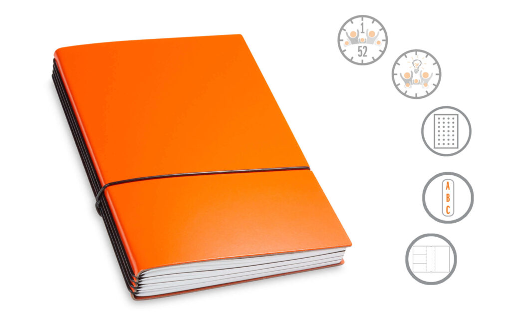 Familienplaner Komplettpaket aus orangenem Lederfasermaterial, Format A5 für 4 Einlagen. Bestückung: 1 x Familien Wochenkalender inkl. 1 Memokarte, 1 x Familien-Ideen-Heft, 1 x Notizheft gepunktet