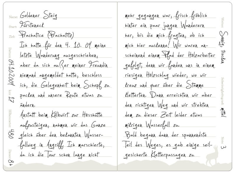 Das Wander-Tagebuch hat eine besondere Einlage, wo ihr die wichtigsten Daten in definierte Felder eintragen könnt – das schafft Ordnung.