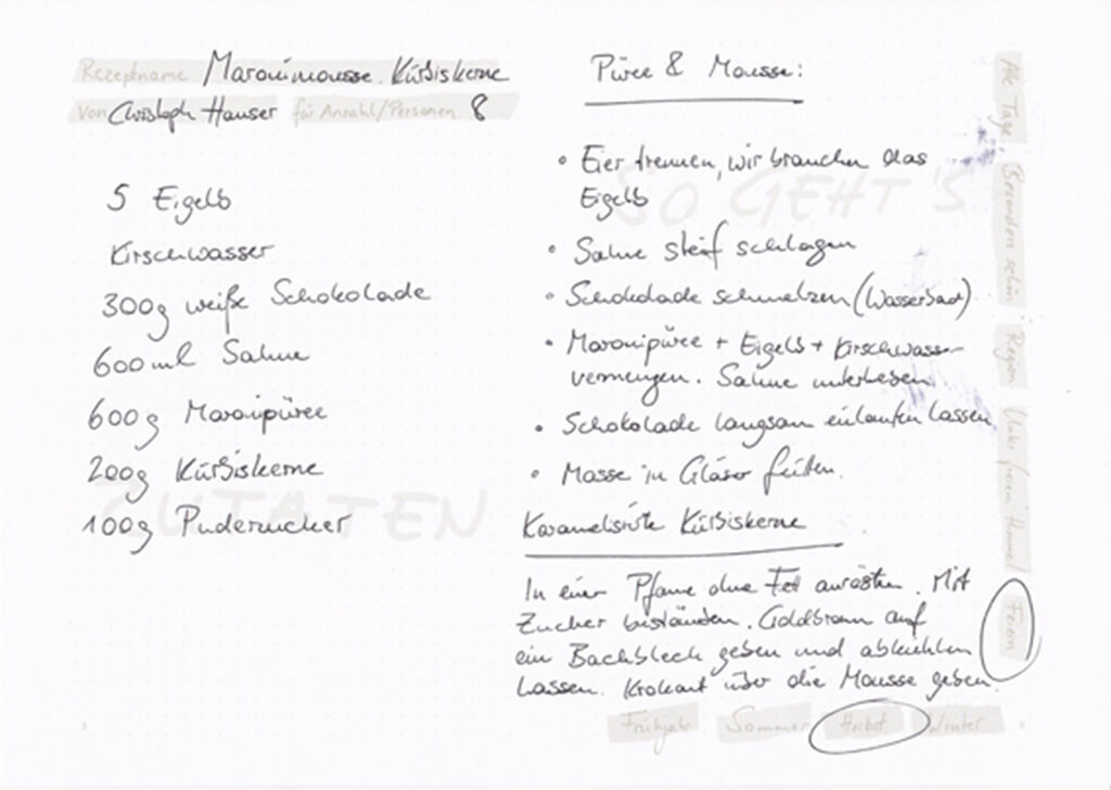 Handschriftliches Rezept für Maronimousse mit Kürbiskernen von Christoph Hauser aus dem modularen Rezeptbuch Kochlust von X17