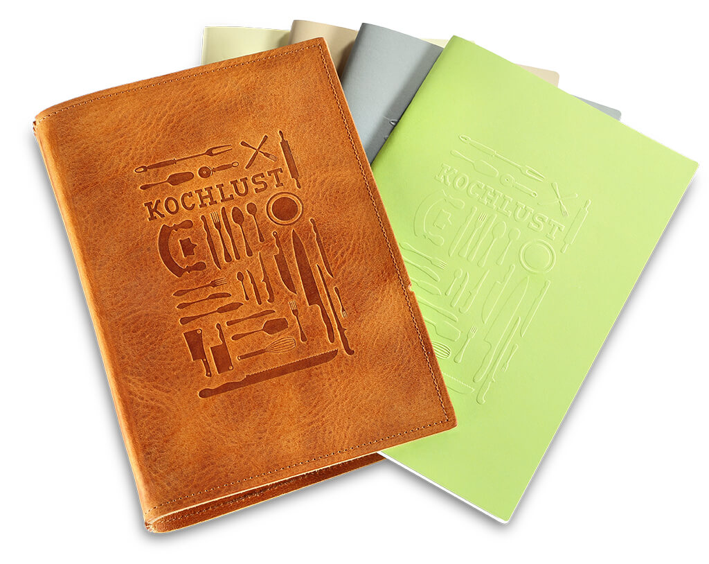 X17-Kochlust: Das etwas andere modulares Rezeptbuch. Hülle aus Leder cognac und Kochlustprägung. Mit vier verschiedene Einlagen