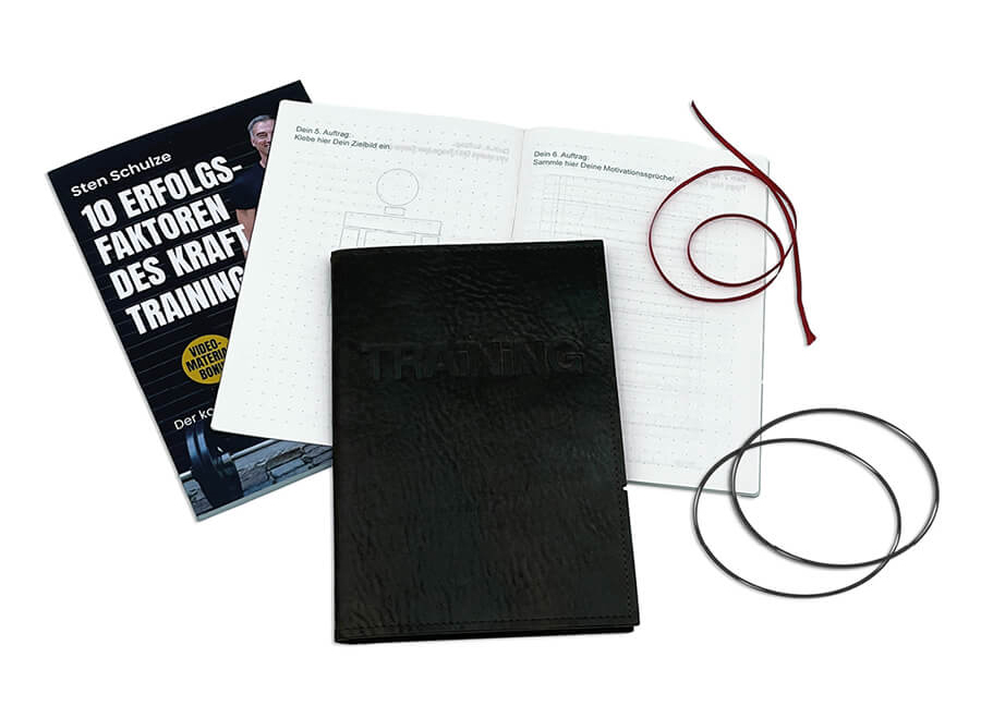 Bestandteile des Trainings-Tagebuch Leder A5 mit Sten Schulzes Buch Krafttraining