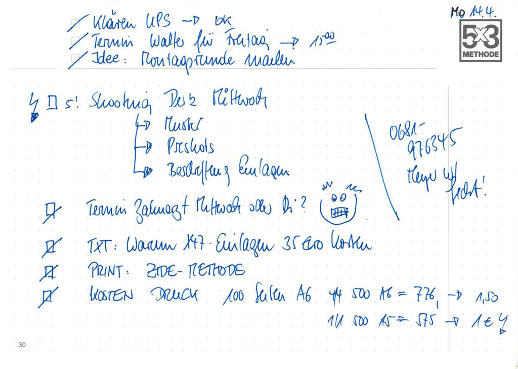 Die Methode 5x3 von X17: Für mehr Effizienz, mehr Zielorientierung und weniger Stress im Büro. Details der Einlage
