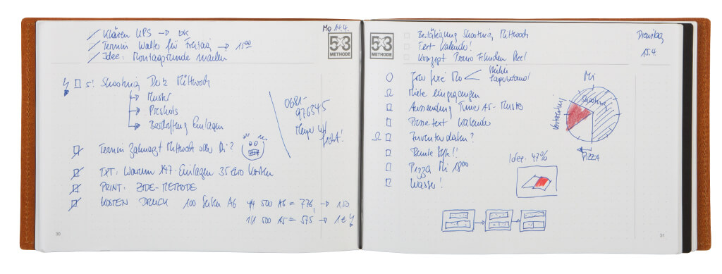 Die Methode 5x3 von X17: mit passenden Planer, aus Leder in Cognac, Im Format A5Quer