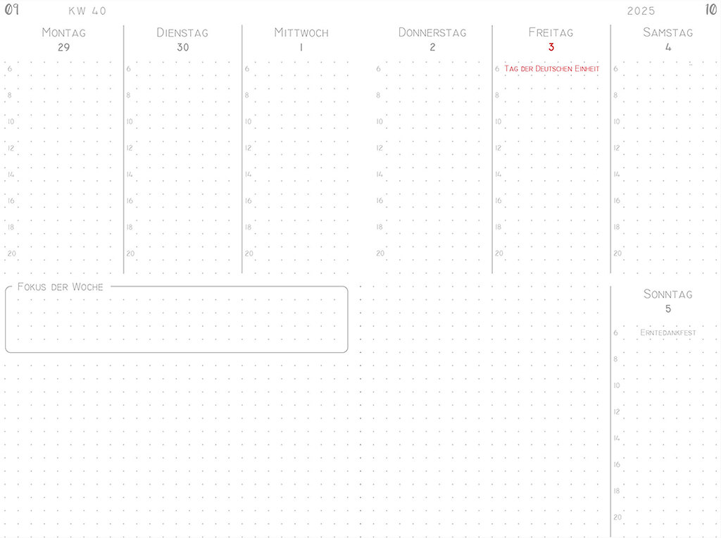 Ein offener X17 Wochenkalender Kreativgefühl mit Punktraster-Layout. Die Doppelseite zeigt eine Kalenderwoche mit vertikalen Spalten für die Wochentage, Zeitmarkierungen von 6 bis 20 Uhr und einem extra Bereich mit Fokus auf Selbstführung.