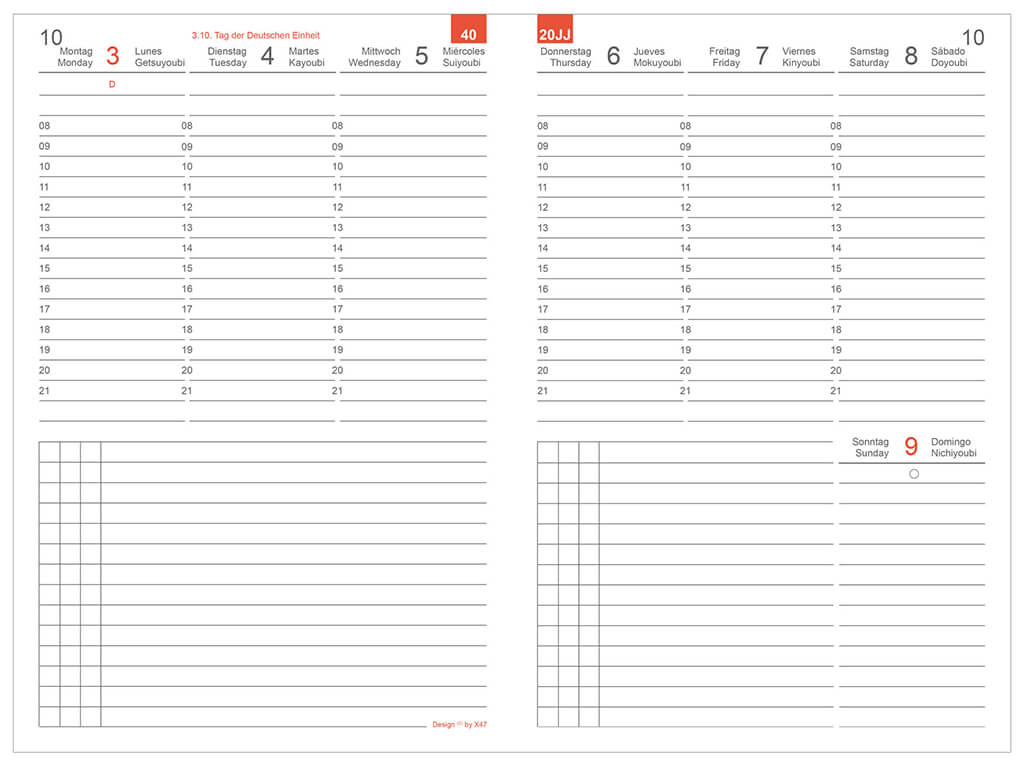 X17 Wochenkalender Classic – Zweiseitiges Kalenderlayout. Die linke Seite zeigt die Wochentage Montag bis Mittwoch, die rechte Seite Donnerstag bis Sonntag.