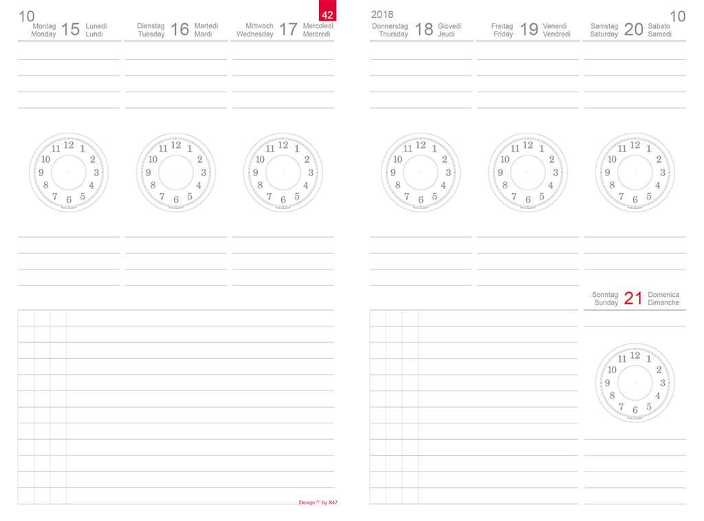 X17 Wochenkalender Zeitkreise mit Uhrdarstellung: 1 Woche auf 2 Seiten, visueller Kalender.