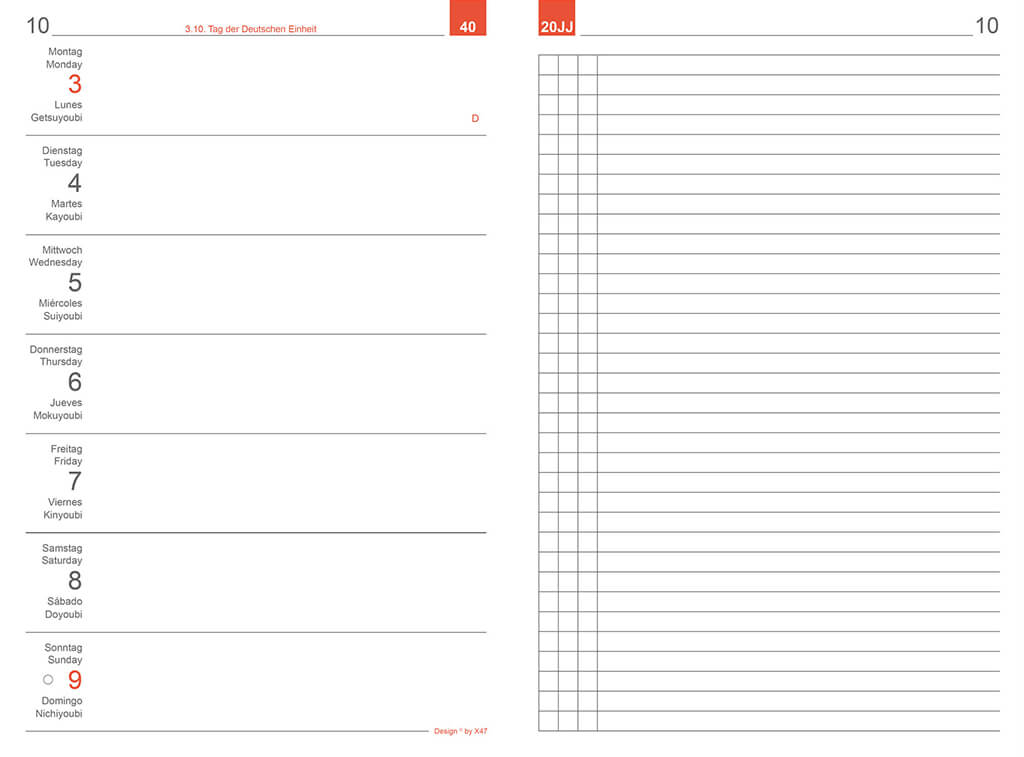 X17 Wochenkalender Links mit Tagesfeldern, für Menschen geeignet, die wenig Termine haben.