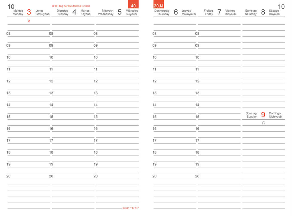 X17 Wochenkalender Classic Plus: 1 Woche auf 2 Seiten, Tage nebeneinander mit langer Zeitleiste über ganze Seite.