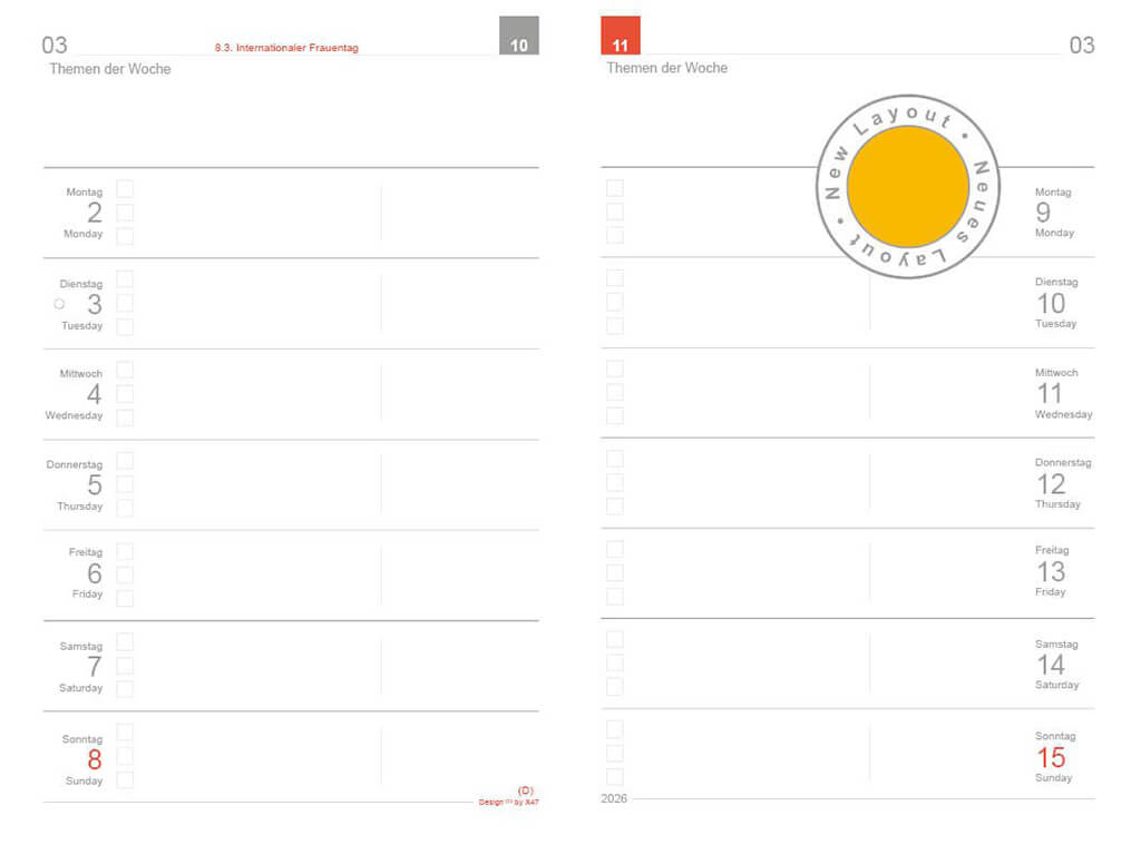 Ein offener X17 Wochenkalender Kompakt, der eine Kalenderübersicht über zwei Wochen zeigt. Das Design ist minimalistisch und funktional mit Spalten für Wochentage von Montag bis Sonntag, Checkboxen für Aufgaben und einem Bereich für „Themen der Woche“.