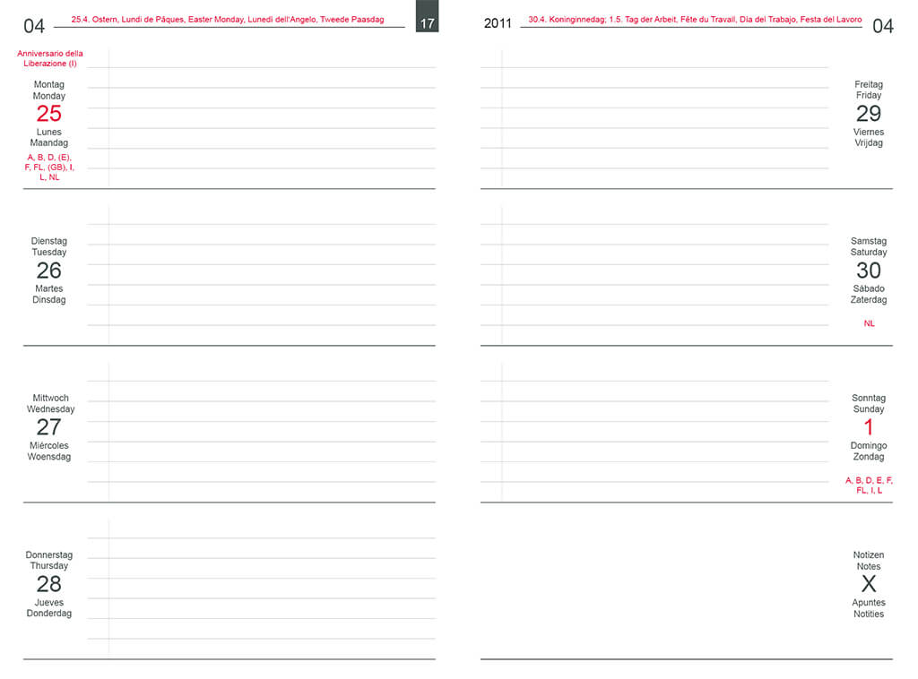X17 Wochenkalender Quer, ohne Uhrzeit. Für jeden Tag sind sieben Zeilen für Aufgaben vorgesehen. Darüber hinaus haben Sie einen freien Block für Notizen oder Skizzen.