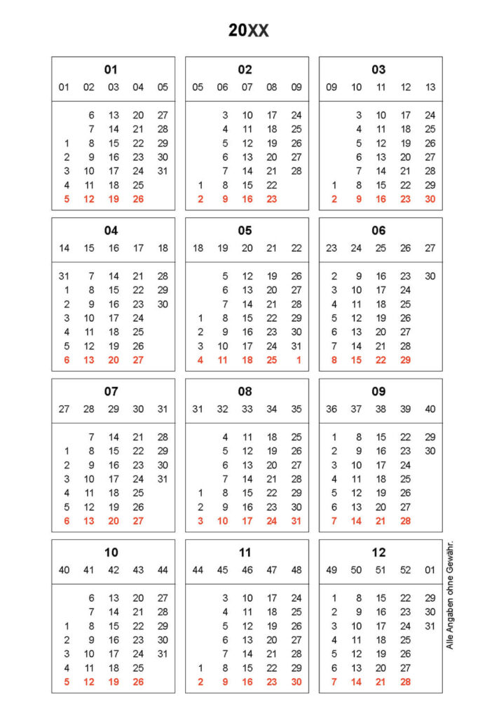 X17-Tageskalender Jahresübersicht