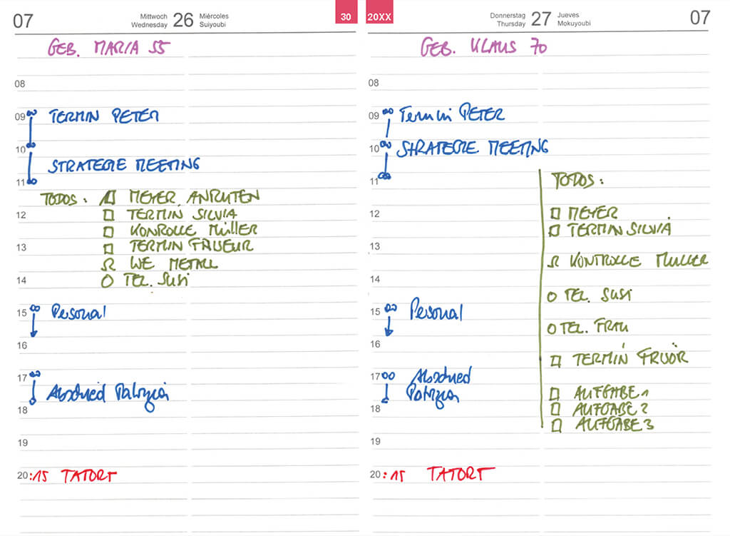 X17-Tageskalender Beispiel: Bunt und detailliert ausgefüllte Kalenderseiten für Mittwoch und Donnerstag.