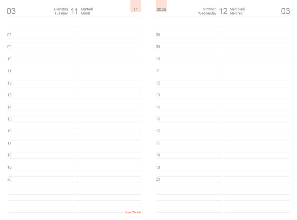 X17-Tageskalender Beispiel: leere Kalender Doppelseite für Dienstag und Mittwoch.