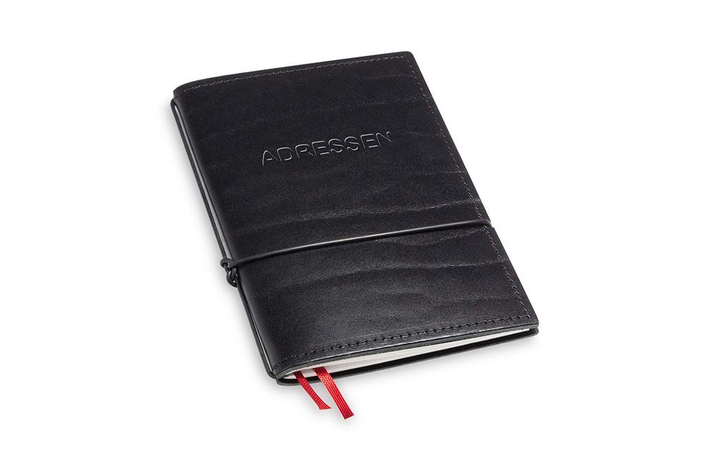 Telefonregister oder Adressbuch mit Register A6, glatte Lederhülle schwarz. Mit Prägung
