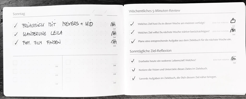 Das X17-Flowbook Zielebuch, aufgeklappt und ausgefüllt