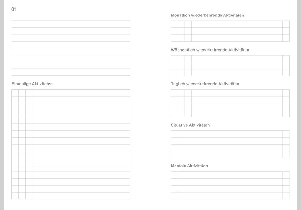 Innenansicht des ICH-Strategie-Arbeitshefts mit Vorlagen für tägliche und mentale Aktivitäten.