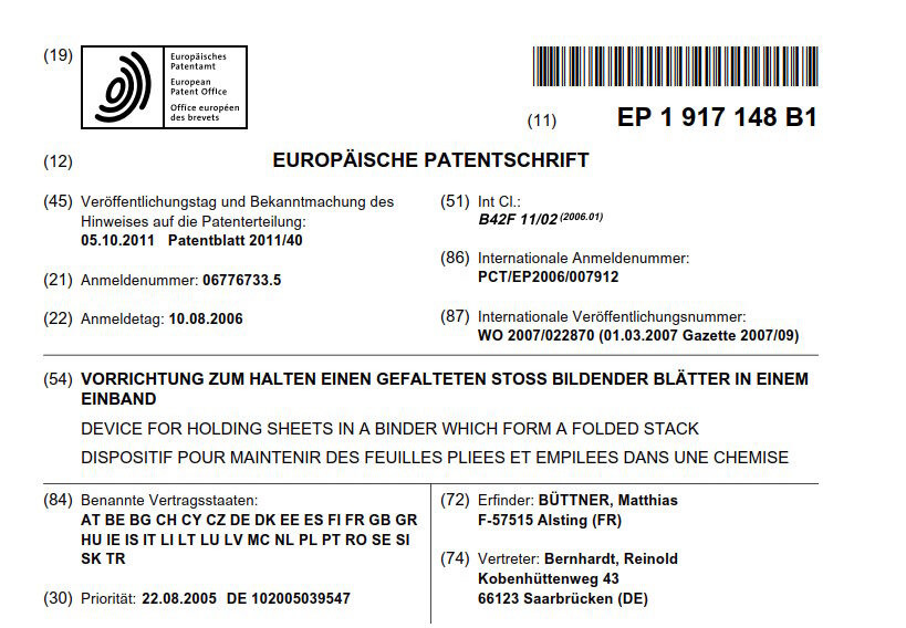 hier kann man das Patentkopf vom Erfinder Matthias Büttner aus dem Jahr 2006