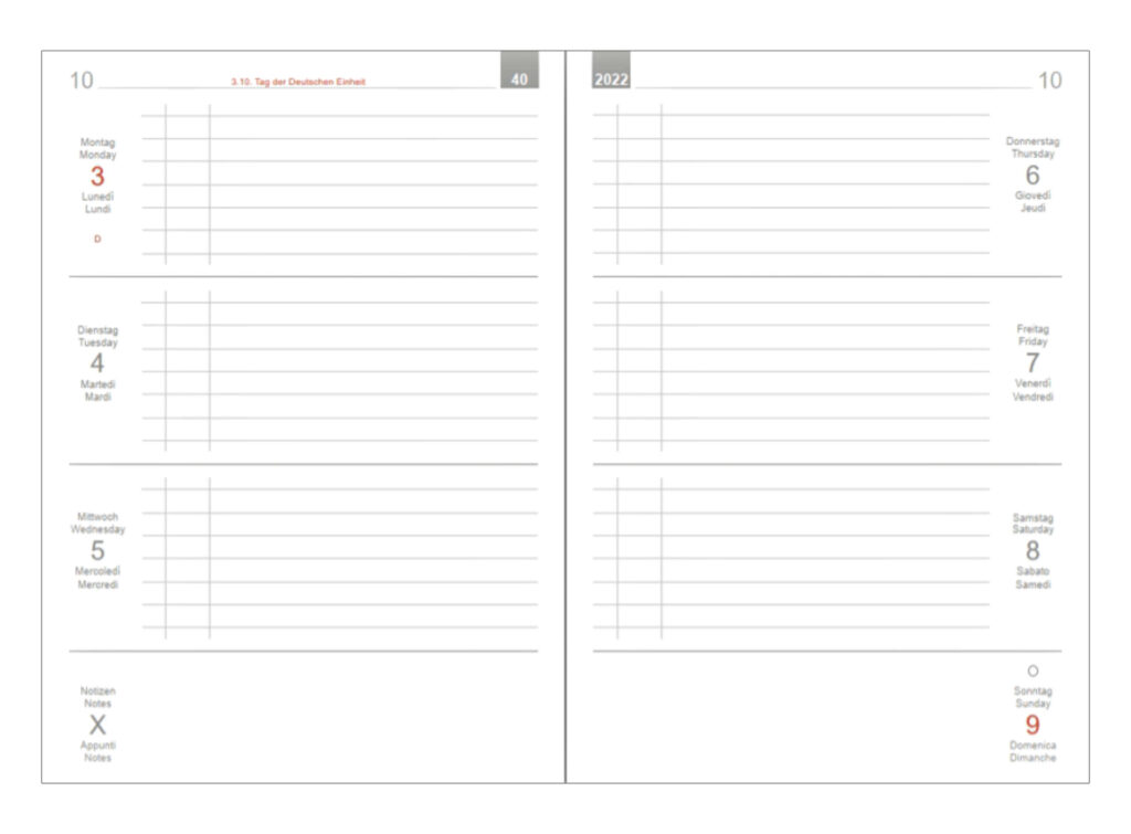 Der X17 Lehrerplaner Wochenkalender quer bzw Schulkalender zeigt eine Woche auf zwei Seiten – übersichtlich und klar strukturiert. Dieser Kalender geht gemäß Schuljahr von August bis August.