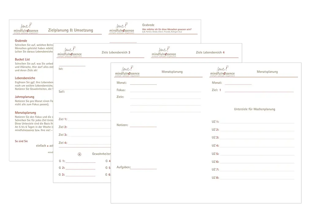 Mindfulnessence X17 Einlagen; Achtsame Tagesplanung X17; Ziele und Umsetzung Mindfulnessence;