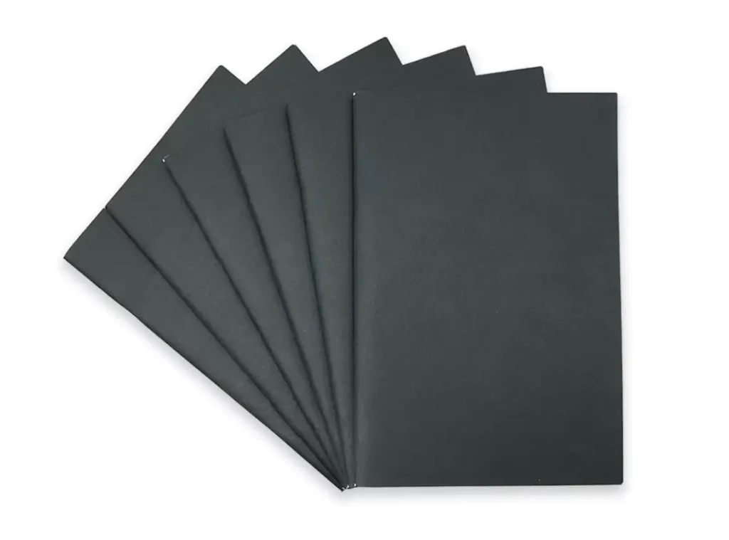 Fächerförmige Anordnung von sechs schwarzen X17 Notizheften, ideal nutzbar als strukturierter Wochenkalender oder minimalistischer Wochenplaner.