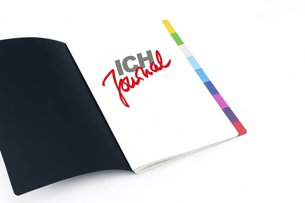 Geöffnetes ICH Journal mit farbigen Register-Tabs und modernem Schriftzug, ideal als strukturierter Planer für Meister zur Selbstorganisation. Der Weg zum Erfolg durch Selbstführung.