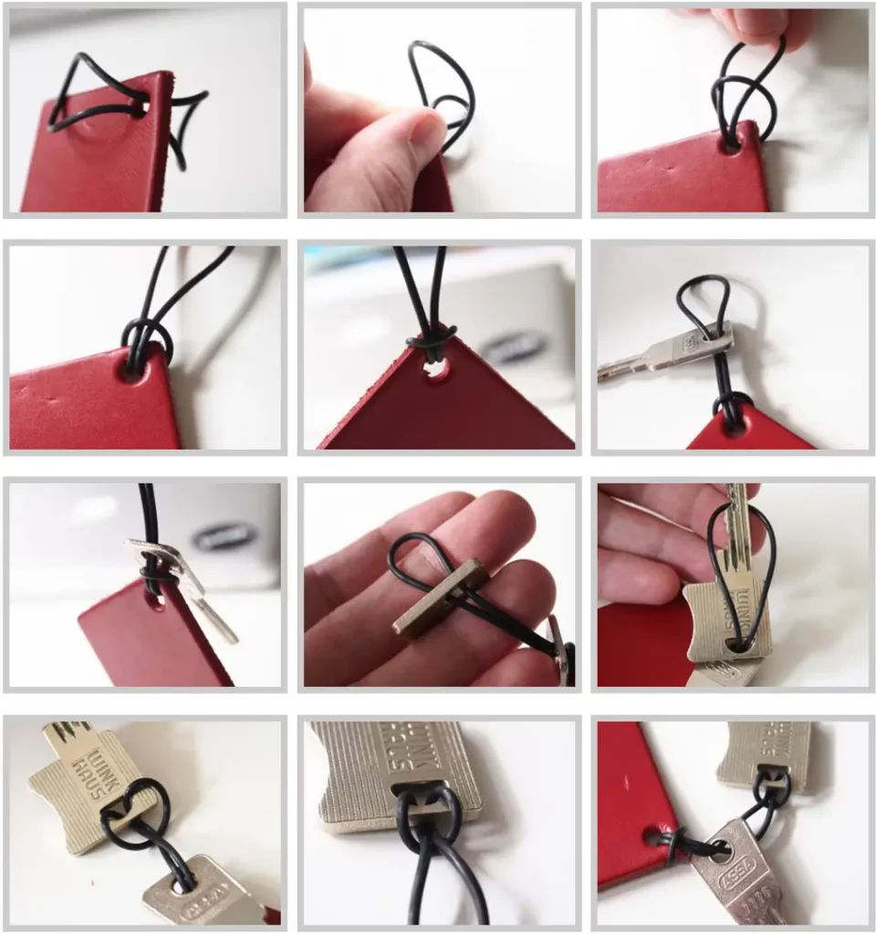 Eine zwölfteilige Foto-Anleitung, die Schritt für Schritt zeigt, wie man einen Schlüsselanhänger aus einem roten Leder und einer schwarzen Gummikordel bastelt.