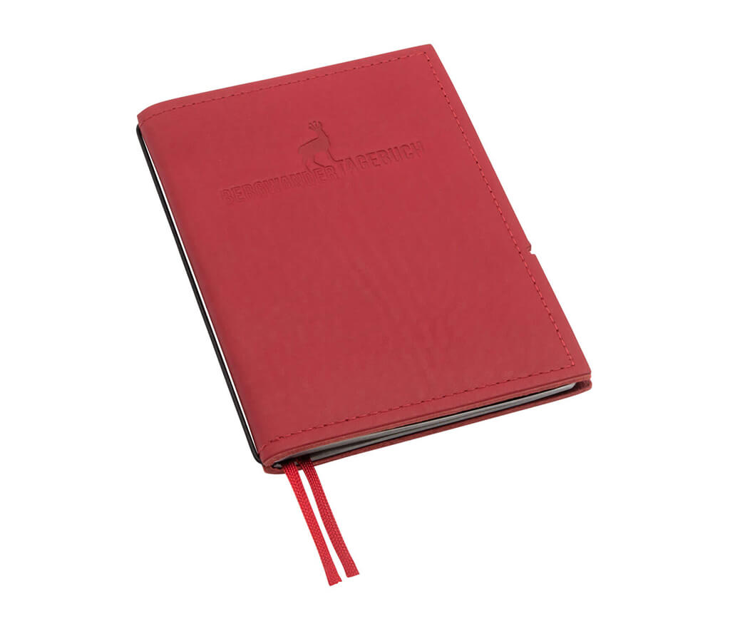 Schlankes Wander-Tagebuch aus rotem Leder mit Bergwander-Prägung und Lesezeichen.