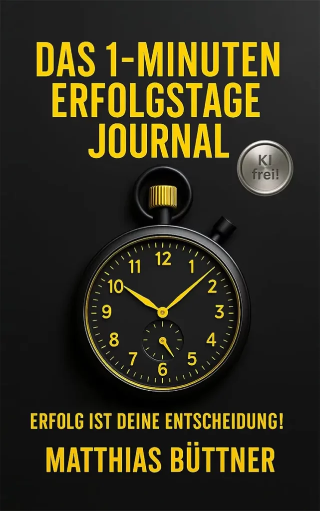 Buchcover „Das 1-Minuten Erfolgstage-Journal“ von Matthias Büttner. Schwarzer Hintergrund mit gelber Schrift, einer edlen schwarzen Stoppuhr und einem silbernen „KI frei!“-Siegel.