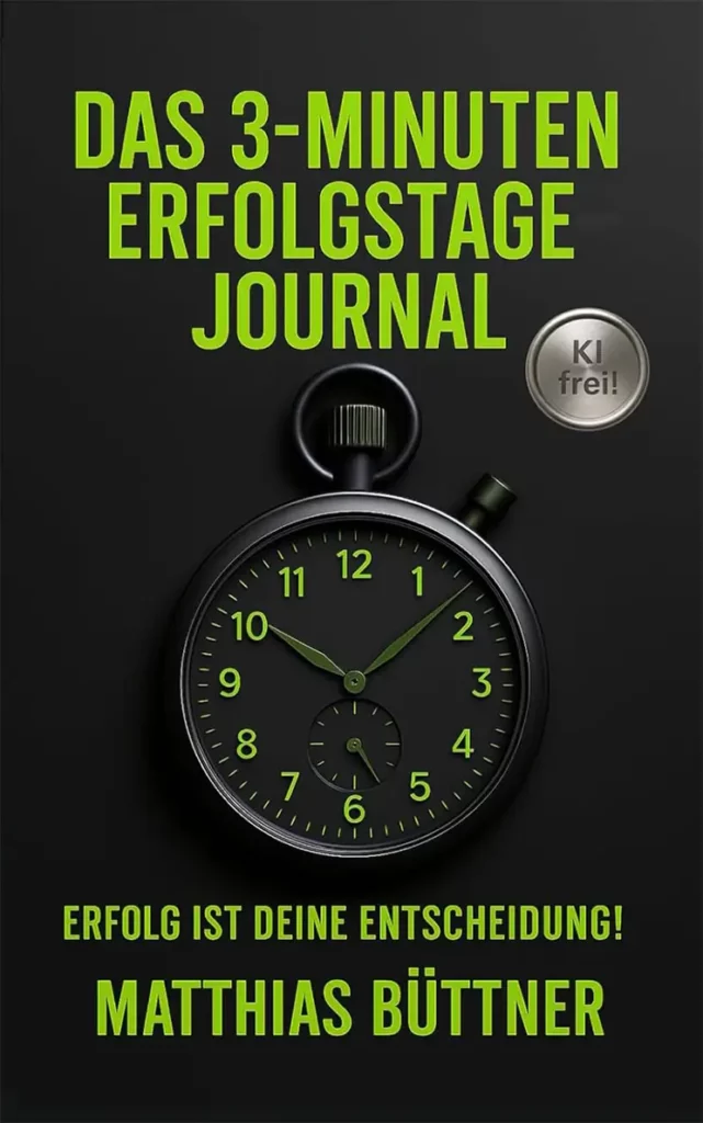 Buchcover „Das 3-Minuten Erfolgstage-Journal“ von Matthias Büttner. Schwarzer Hintergrund mit grüner Schrift, einer edlen schwarzen Stoppuhr und einem silbernen „KI frei!“-Siegel.