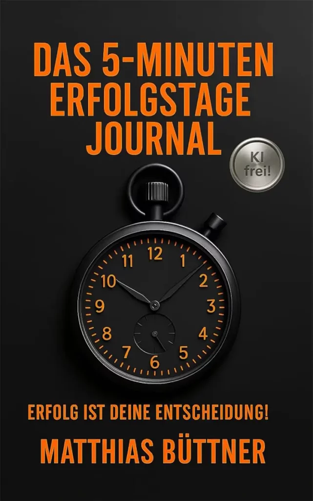 Buchcover „Das 5-Minuten Erfolgstage-Journal“ von Matthias Büttner. Schwarzer Hintergrund mit orangener Schrift, einer edlen schwarzen Stoppuhr und einem silbernen „KI frei!“-Siegel.