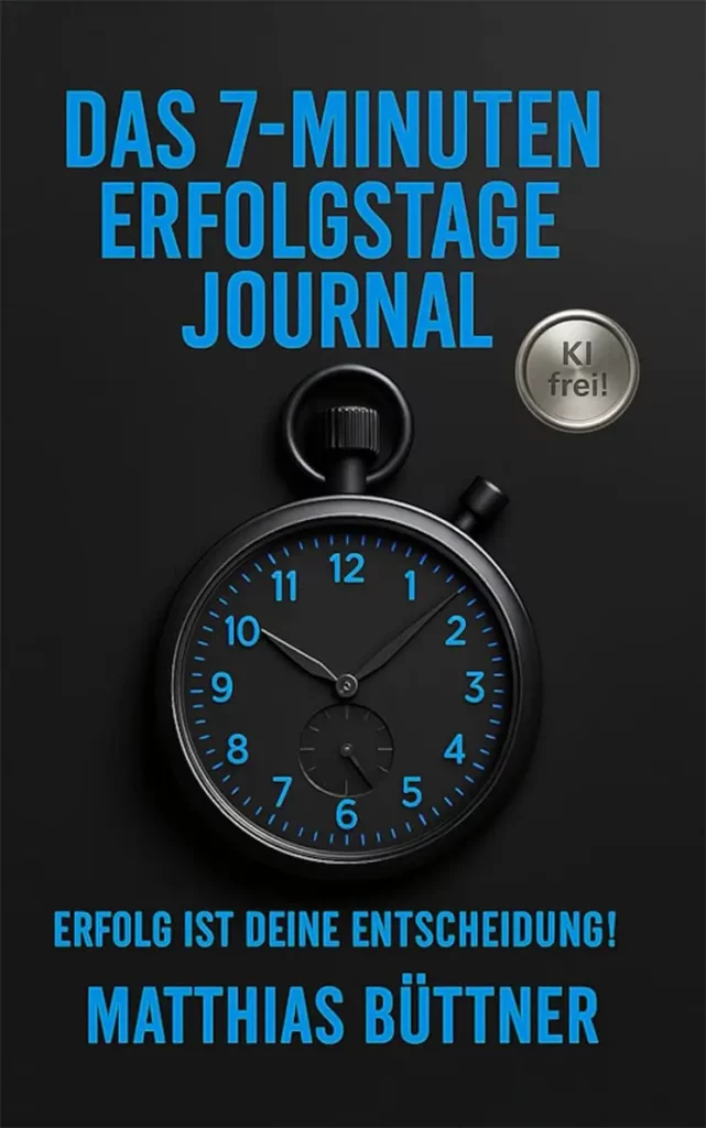 Buchcover „Das 7-Minuten Erfolgstage-Journal“ von Matthias Büttner. Schwarzer Hintergrund mit blauer Schrift, einer edlen schwarzen Stoppuhr und einem silbernen „KI frei!“-Siegel.