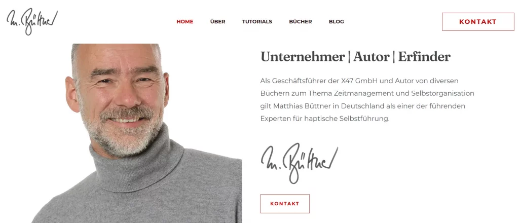 Porträt von Matthias Büttner, Unternehmer und Experte für Zeitmanagement, neben dem Text ‚Unternehmer | Autor | Erfinder‘ – Link zum Blog von Matthias Büttner.