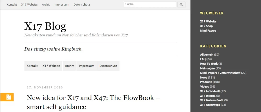 Screenshot der X17 Blog-Startseite mit dem Titel ‚Das einzig wahre Ringbuch‘ und Kategorien wie ‚How To Work‘ – Link zum X17 Blog.