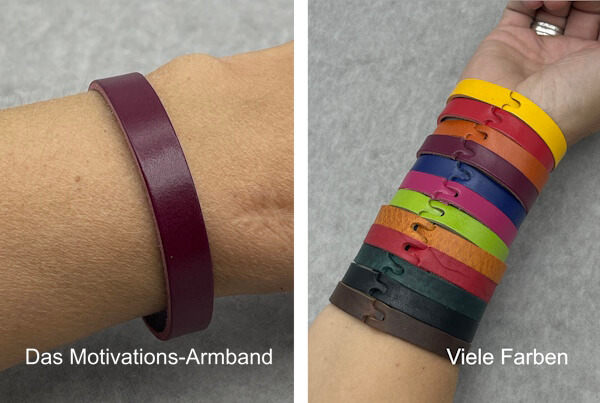 Zweiteiliges Bild von Motivationsarmbändern: Links ein einzelnes weinrotes Armband am Handgelenk, rechts eine bunte Auswahl in vielen Farben als täglicher Anker für persönlichen Erfolg. Diesen Armband wird mit einem Erfolgstage-Journal geliefert.