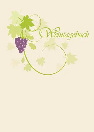 Titelseite für ein Weinetikettenbuch mit Firmenlogo, gestaltet in hellem Beige mit Illustrationen von grünen Weinblättern, einer lila Traube und dem eleganten Schriftzug „Weintagebuch“.