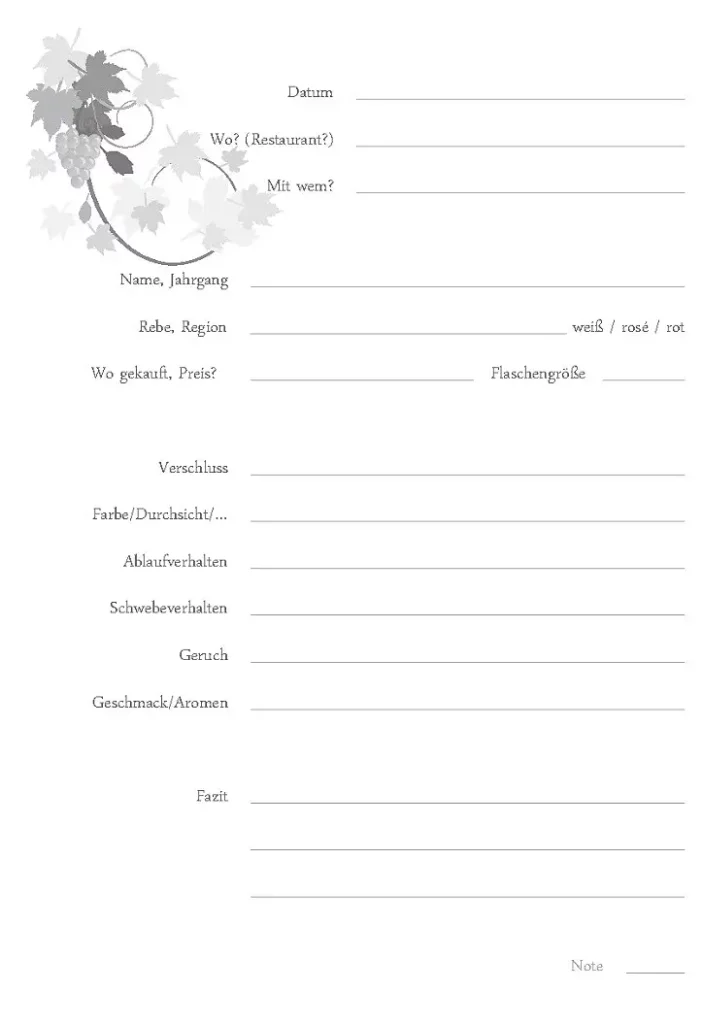 Detailreiche Vorlage für ein Weintagebuch (Sonderanfertigung) mit einer Weinreben-Illustration. Die Seite bietet strukturierte Felder für Verkostungsnotizen wie Name, Jahrgang, Rebe, Region sowie fachspezifische Kriterien zu Optik, Geruch, Geschmack und ein abschließendes Fazit mit Benotung.